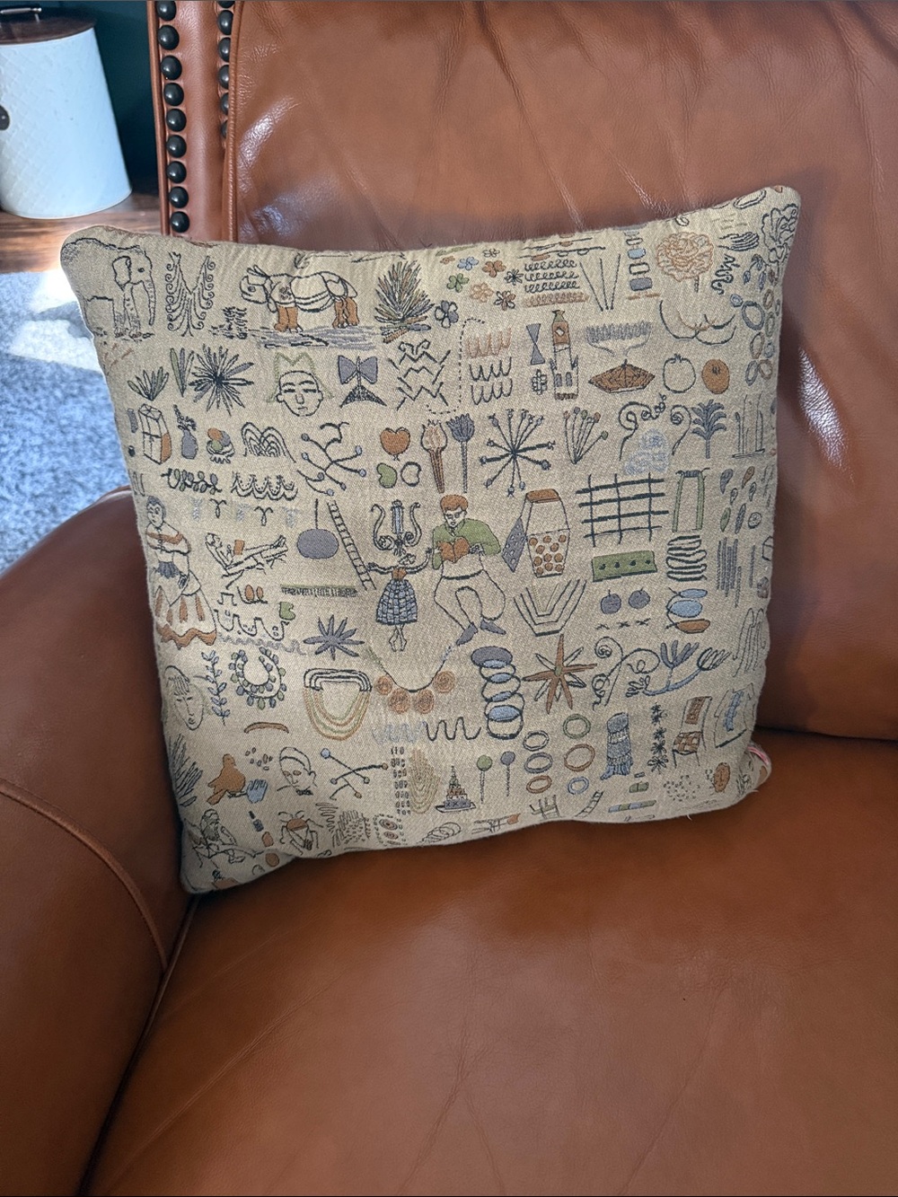 Boho Folk Art Pillow Cover 16x16 Neutral Anthropologie Inspired Accent Pillow